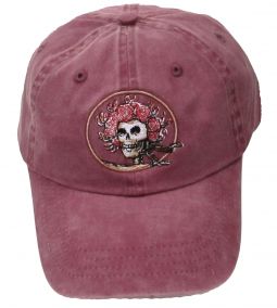 Skull and Roses Embroidered Baseball Cap Maroon